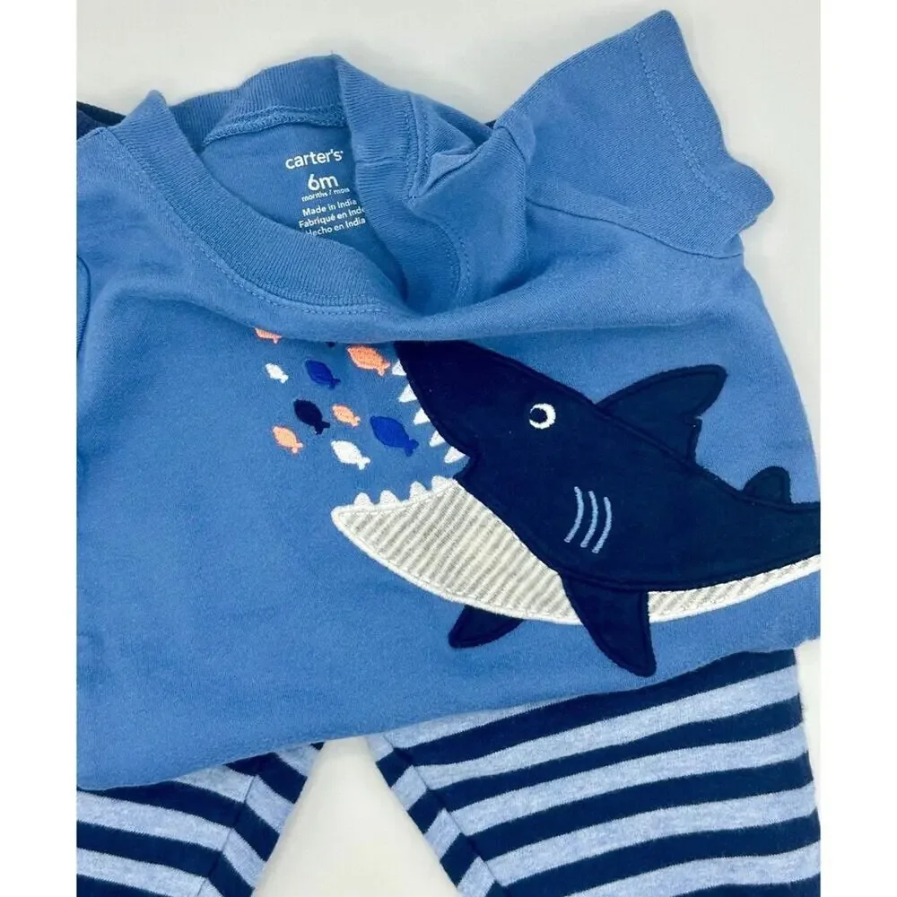 Carter’s Shark Set Size 6 Months Blue Stripe Fish Ocean (795)